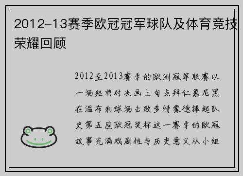 2012-13赛季欧冠冠军球队及体育竞技荣耀回顾